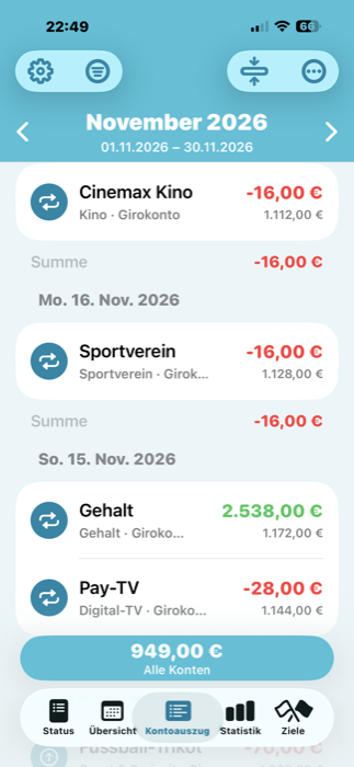 Transaction list of Mein Haushaltsbuch