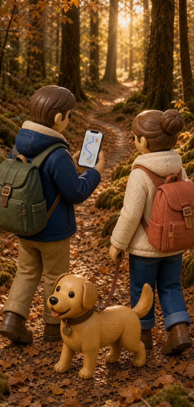 Zwei Personen mit Hund auf einem Waldweg im Herbst, auf dem Smartphone ist die aufgezeichnete Strecke zu sehen