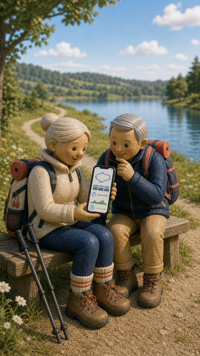 Spaziergang in einem Park, der zurückgelegte Weg wird auf dem Smartphone angezeigt