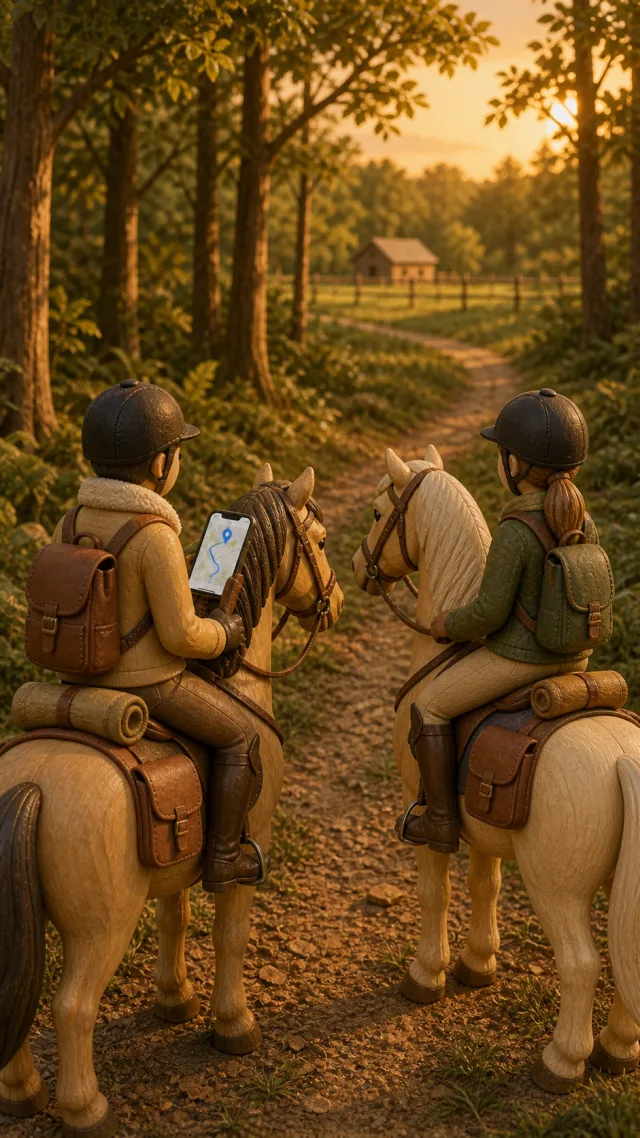 Ausritt zu Pferd durch offenes Gelände, der Weg wird aufgezeichnet